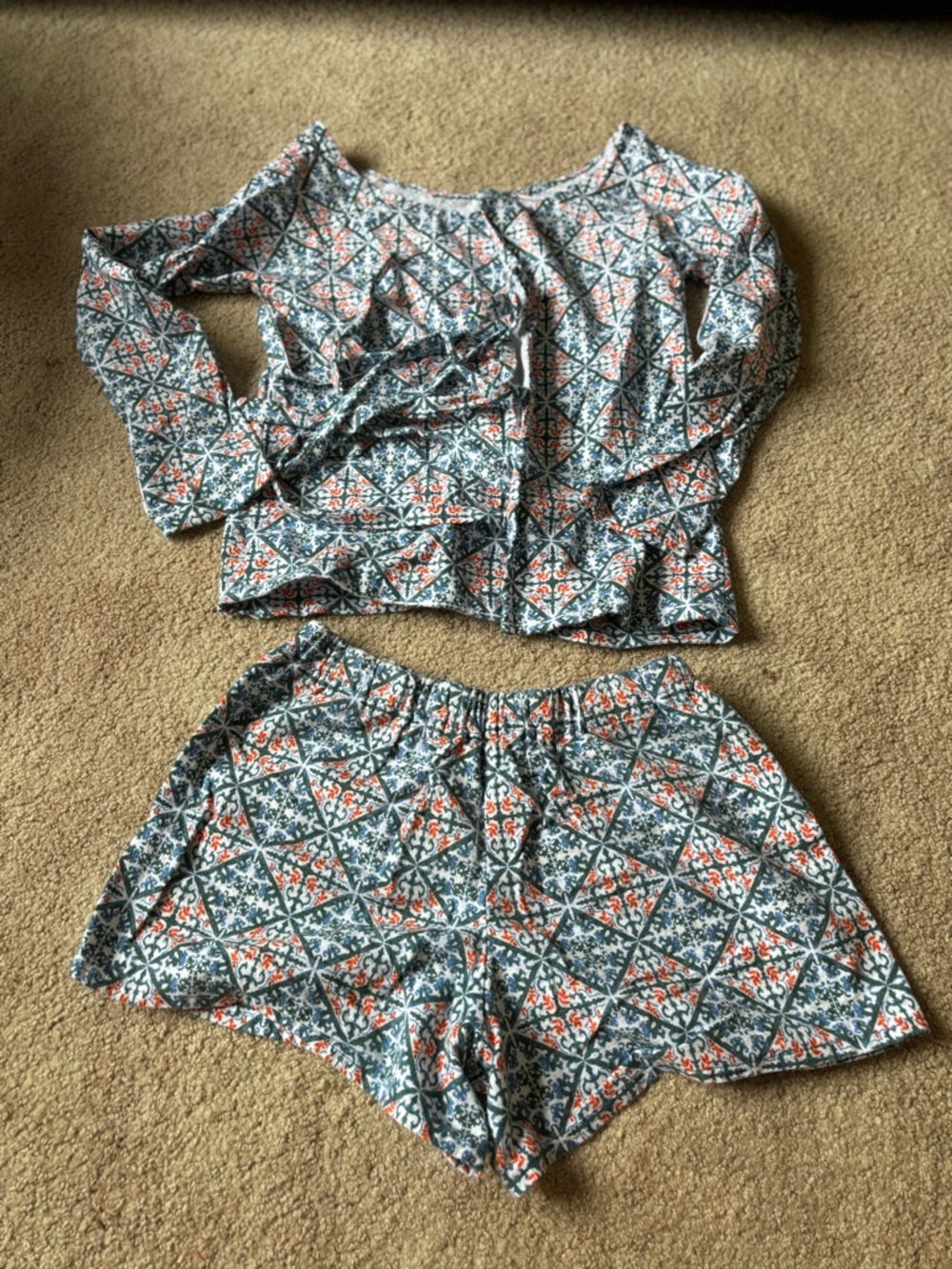 Floral Geo Print Women’s Two-Piece Lounge Set in Teal & Coral